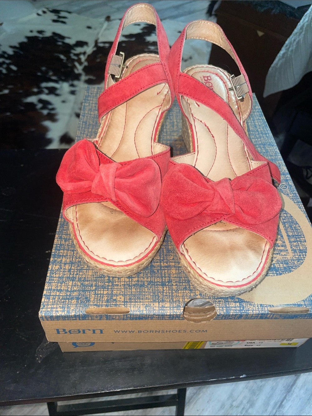 Born Red Suede Bow Espadrille Wedge Sandals